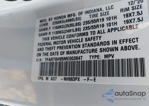 2021 Honda Cr-V Hybrid Touring z USA, uszkodzony, nr VIN 7FART6H95ME003847